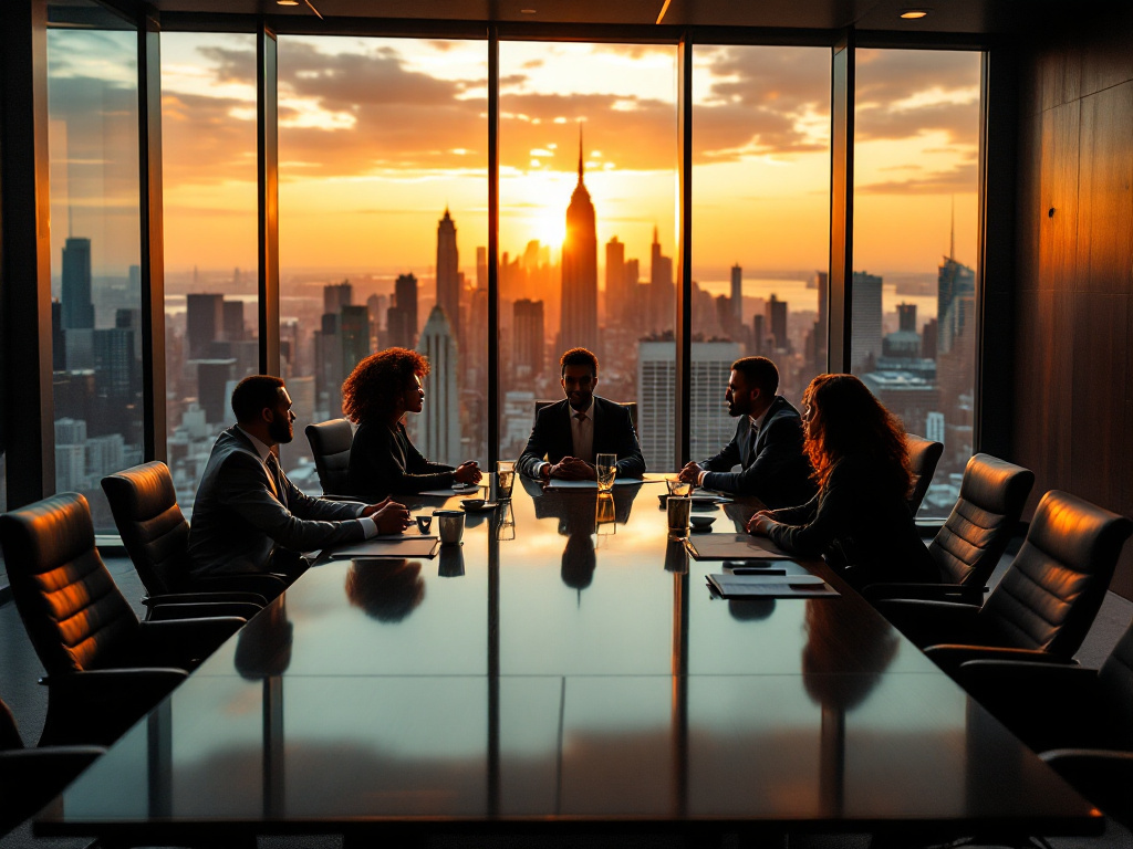 Executives in a modern boardroom overlooking a city skyline at golden hour